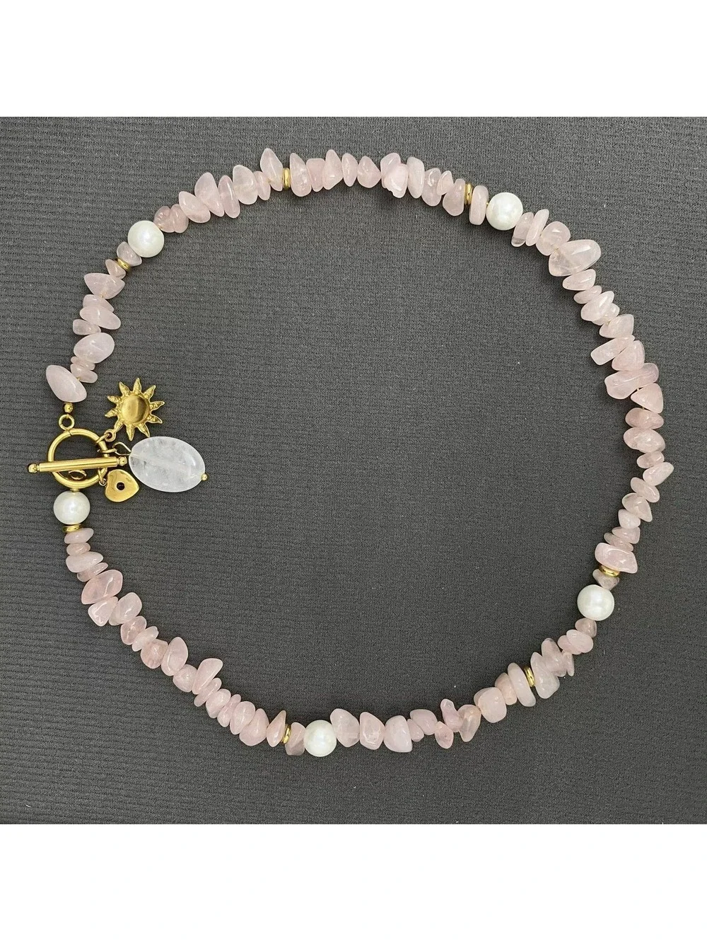 Rose Quartz Chip Necklace with Sun and Heart Charms